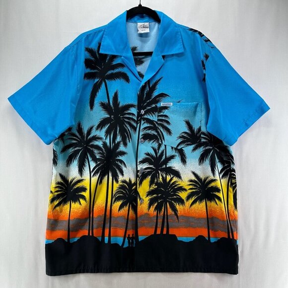 HIGHSEAS Resort Wear Hawaiian Shirt Mens L Bahamas Palm Tree Short Sleeves Blue - Picture 1 of 11